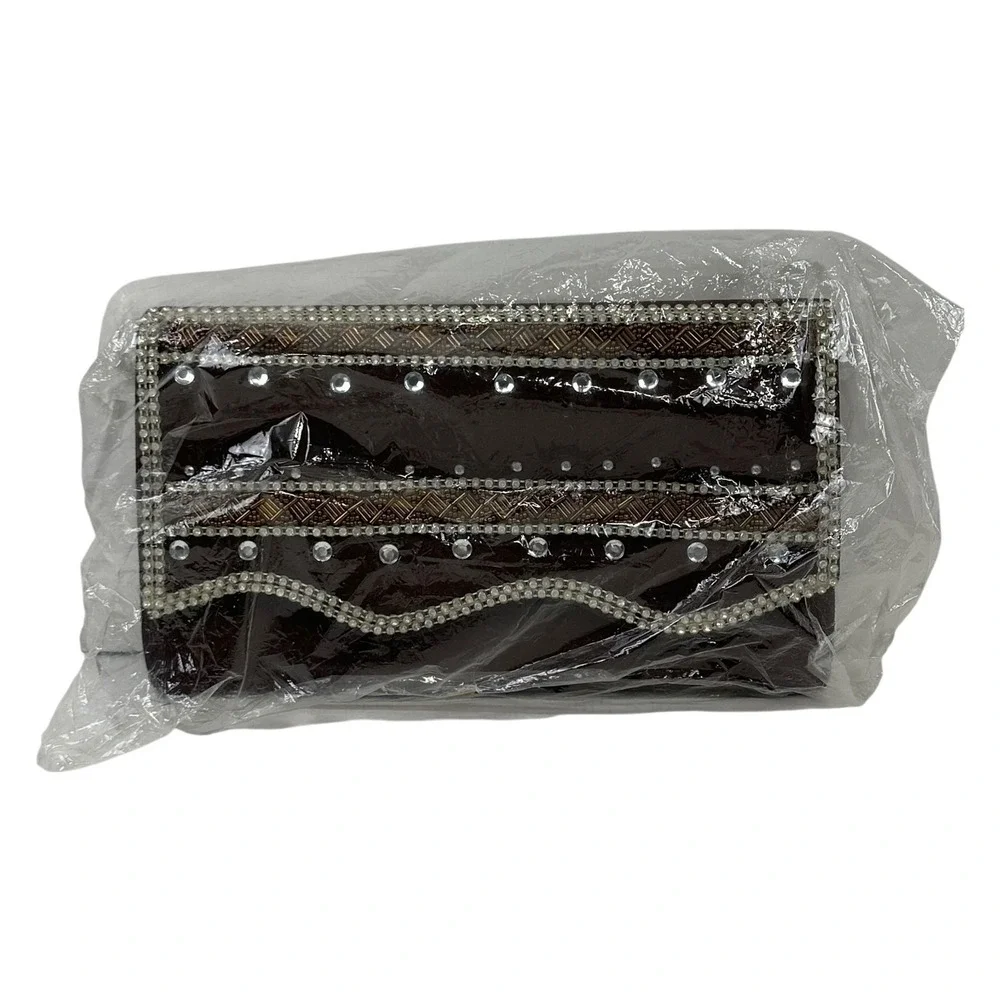 NWT Elite Champagne Clutch Purse Womens Brown‎ Cream Beaded Rhinestone NOS VTG